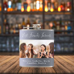 Best friends forever photo names silver metal hip flask<br><div class="desc">A gift for your best friend(s) for a birthday party,  bridal shower,  bachelorette party.  Black text: Best Friends Forever,  written with a trendy hand lettered style script. Personalise and use your own photo and names. A faux silver metallic looking background.</div>