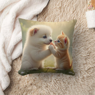 Best friends, give me five - cute puppy and kitty cushion