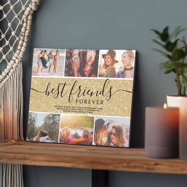 Best friends gold glitter 6 photo collage grid plaque (Best friends gold glitter 6 photo collage grid plaque)