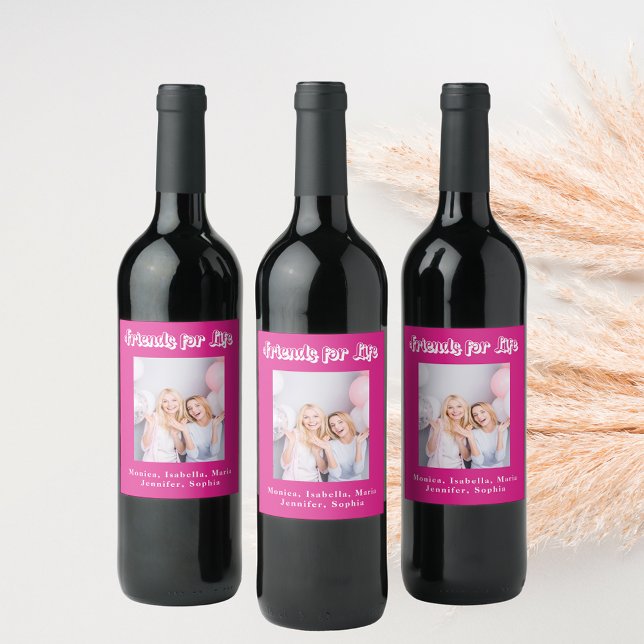Best friends hot pink photo names party wine label (Creator Uploaded)