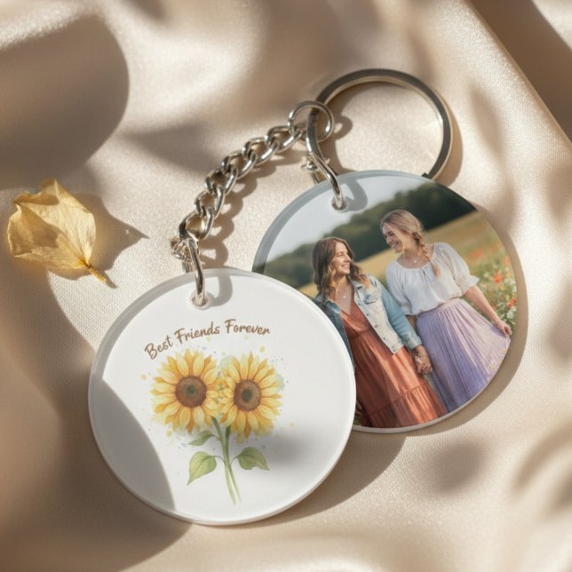 Best Friends Keychain - Watercolor Sunflowers (Best friend sunflower photo keychain)