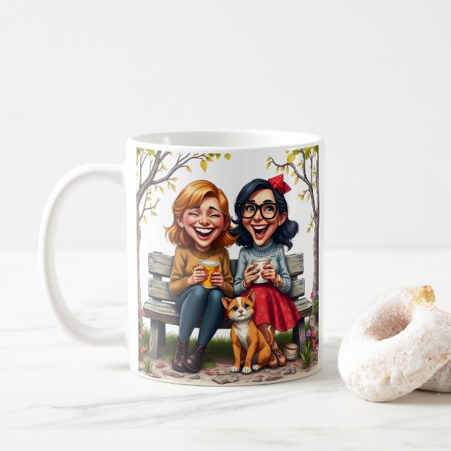 Best Friends Ladies Drinking Coffee Cat Quote Coffee Mug (With Donut)