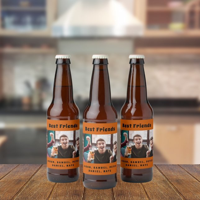 Best friends men guys party photo fun orange beer bottle label (Creator Uploaded)