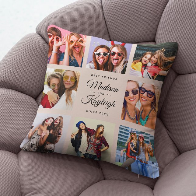 BEST FRIENDS Modern Script Instagram Photo Collage Cushion (Creator Uploaded)