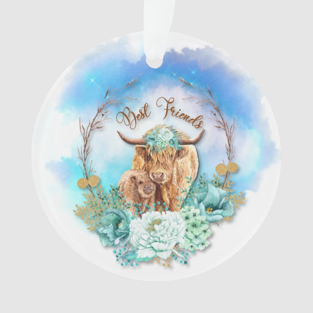 Best Friends Mum Baby Highland Cows Floral  Ornament (Front)