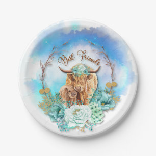 Best Friends Mum Baby Highland Cows Floral Paper Plate
