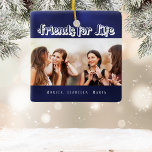 Best friends navy blue white photo names ceramic ornament<br><div class="desc">A gift for your best friend(s) for birthdays,  Christmas or a special event. Black text: Friends for Life,  written with a trendy style script. Personalise and use your own photo and names. A navy blue background.  The blue colour is uneven.</div>