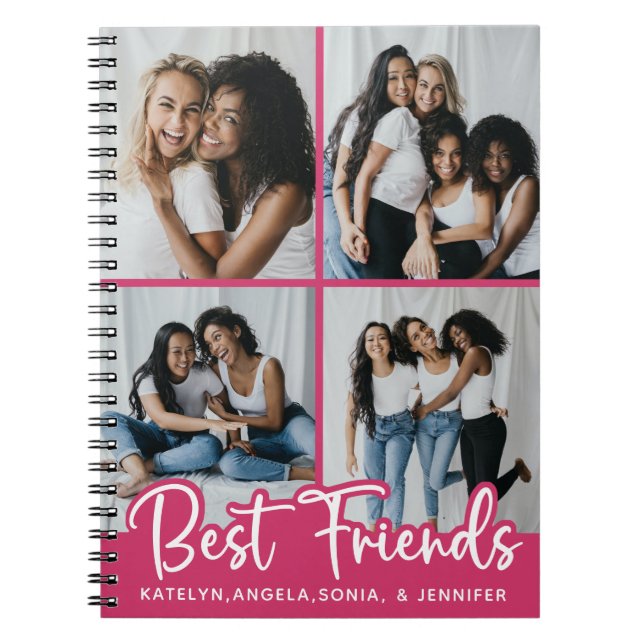 Best Friends Personalized 4 Photo Collage Pink Notebook (Front)