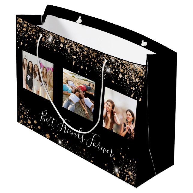 Best friends photo black gold glitter birthday large gift bag (Back Angled)