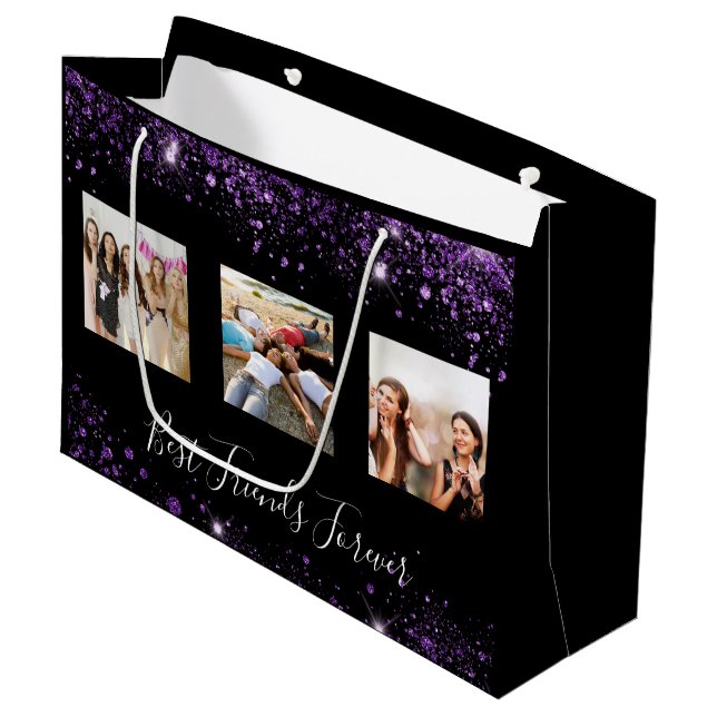 Best friends photo black purple glitter birthday large gift bag (Front Angled)