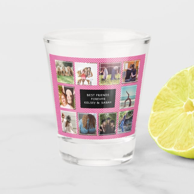 Best Friends Photo Collage Black and Pink Striped Shot Glass (Front)