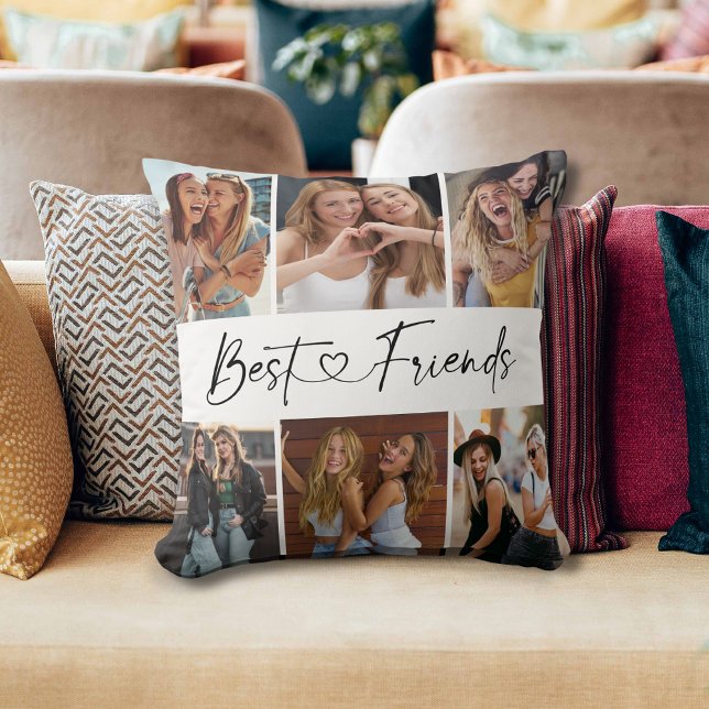 Best Friends Photo Collage Modern Script Heart Cushion (Creator Uploaded)