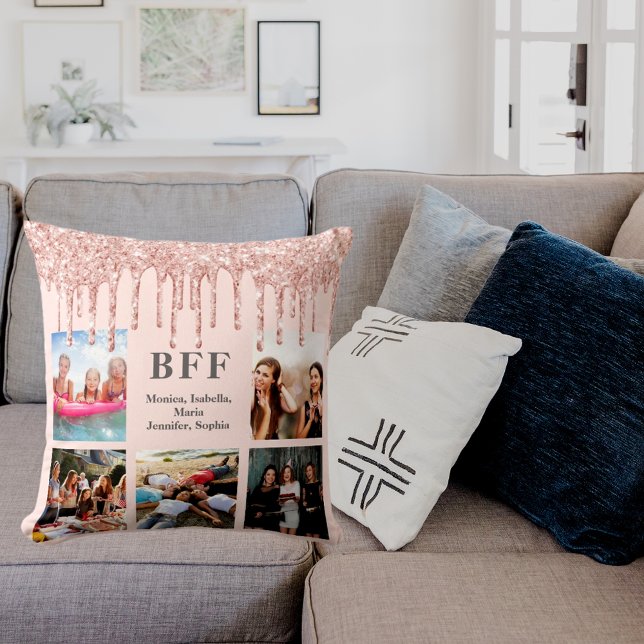 Best friends photo collage rose gold glitter pink cushion (Creator Uploaded)