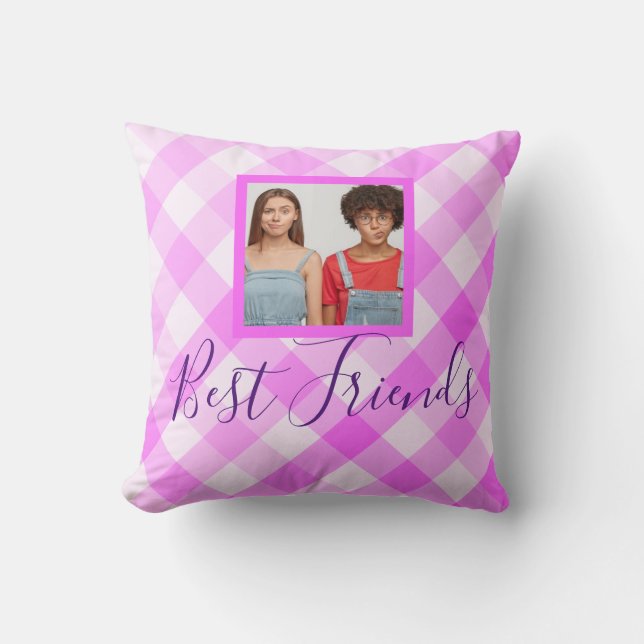 Best Friends Photo Hot Pink Plaid Cushion (Front)
