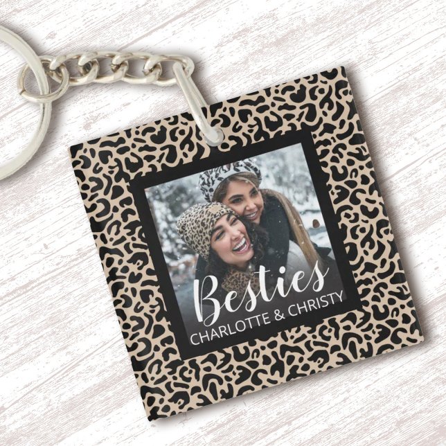 Best Friends Photo Key Ring (A cute Leopard pattern Besties keychain. Personalize it with your photo and names)