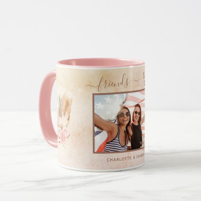 Best friends photo names pampas grass rose gold mug (Front Left)
