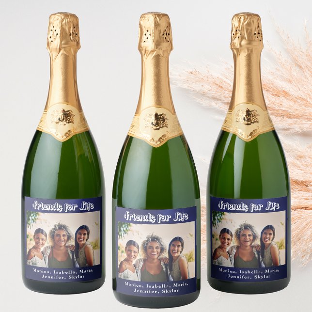 Best friends photo navy blue white names party sparkling wine label (Creator Uploaded)