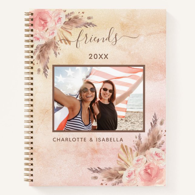 Best friends photo pampas pink floral rose gold notebook (Front)