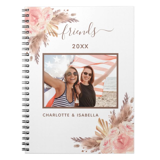 Best friends photo pampas pink floral white notebook (Front)