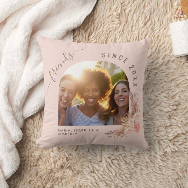 Best friends photo pampas rose gold pink floral cushion (Blanket)