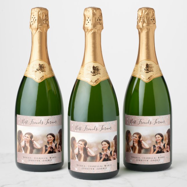 Best friends photo rose gold silver glitter sparkling wine label (Bottles)