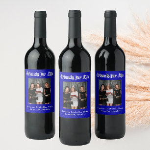 Best friends photo royal blue white script wine label
