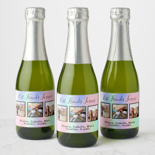 Best friends pink holographic photo birthday party sparkling wine label
