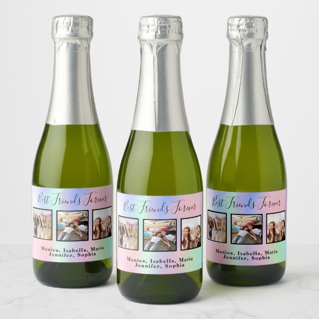 Best friends pink holographic photo birthday party sparkling wine label (Bottles)