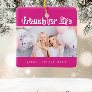 Best friends pink photo names modern white ceramic ornament