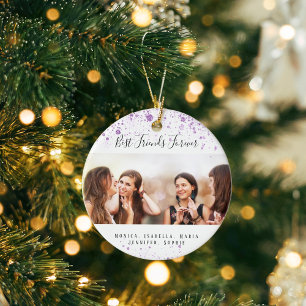 Best friends purple white glitter photo names ceramic tree decoration