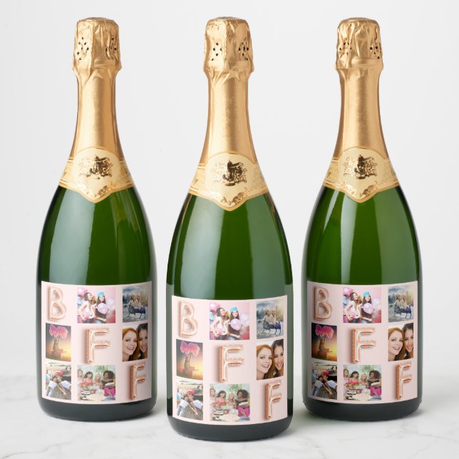 Best friends rose gold blush pink photo collage sparkling wine label (Bottles)