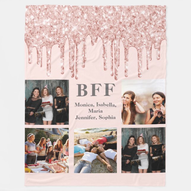Best friends rose gold glitter blush photo collage fleece blanket (Front)