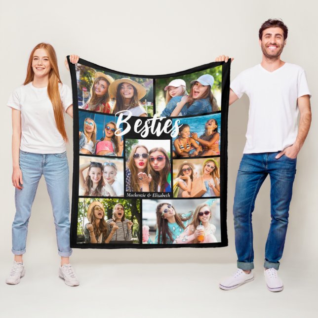Best Friends Script BESTIES 9 Photo Collage Names Fleece Blanket (In Situ)