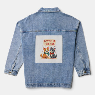 Best Fur Friends Vintage Cute Cat and Dog Cartoon  Denim Jacket