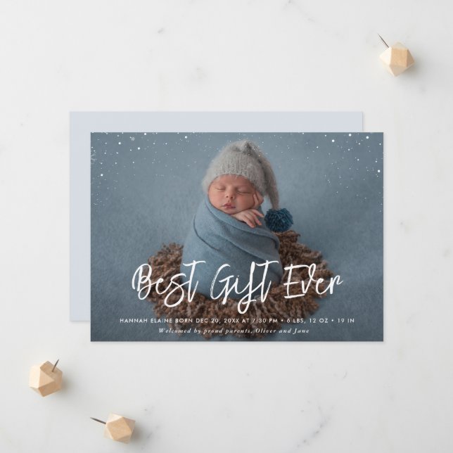 best gift brush script holiday birth announcement (Front/Back In Situ)