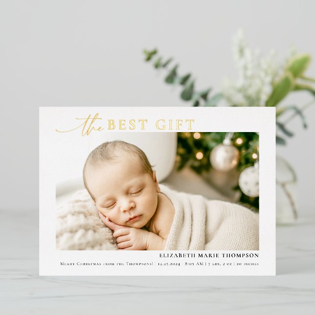 Best Gift Minimalist Calligraphy Christmas Baby Foil Holiday Card (Standing Front)