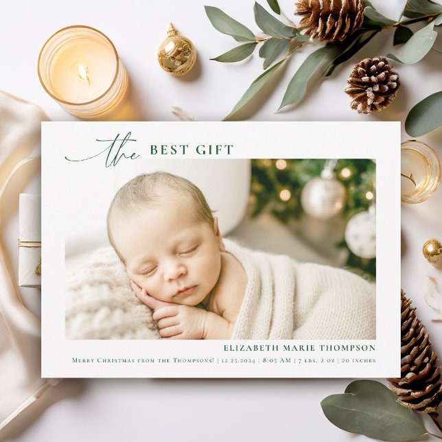 Best Gift Minimalist Green Christmas Baby Photo Holiday Card (new baby family christmas card best gift from above minimalist simple photo calligraphy photo green)