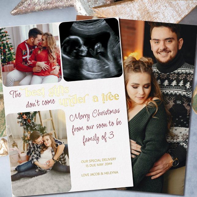 Best Gifts Family of 3 Photo Christmas Pregnancy Foil Holiday Card (Creator Uploaded)