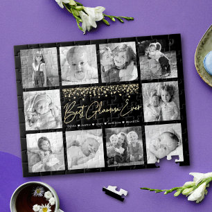 Best Glamma Ever 10 Photo Collage Gold Glitter Jigsaw Puzzle