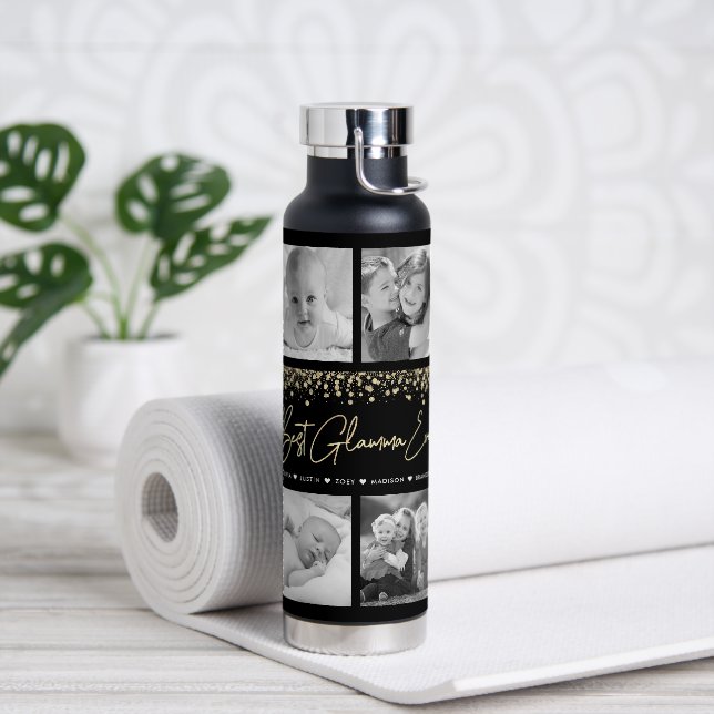 Best Glamma Ever 10 Photo Collage Gold Glitter Water Bottle (Yoga)