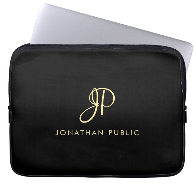 Best Gold Calligraphy Monogram Minimalist Template Laptop Sleeve (Front)