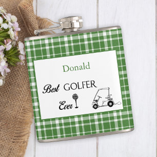 Best Golfer Green Plaid Custom Hip Flask