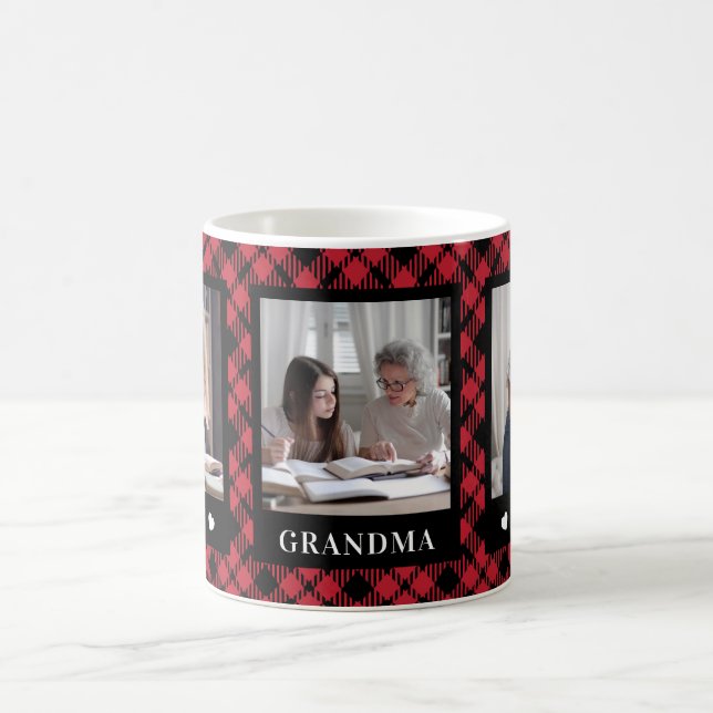 Best Grandma 3 Photo Diamond Buffalo Plaid Mug (Center)