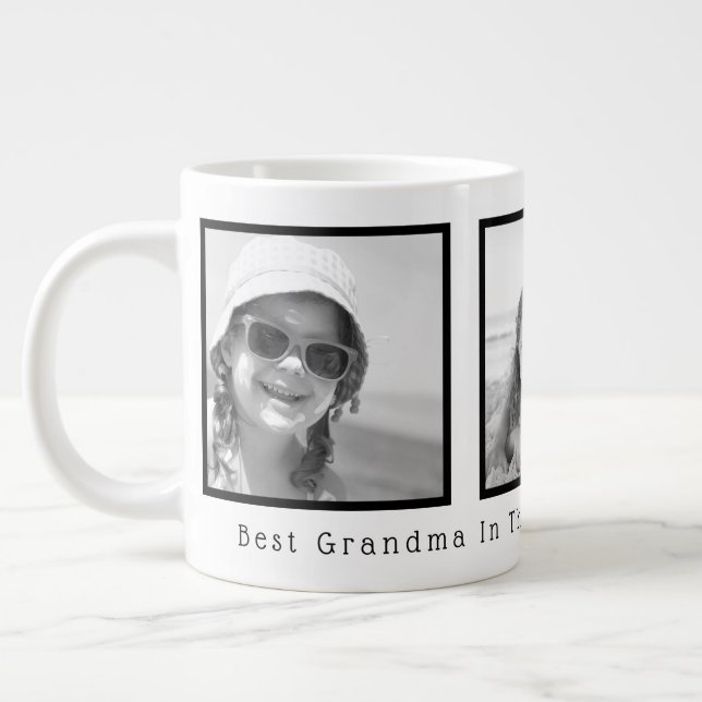 Best Grandma Black and White Black Frame 3 Photos Large Coffee Mug (Left)