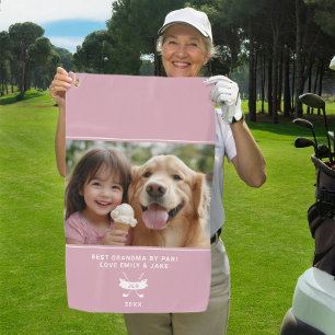 Best Grandma By Par Funny Fun Custom Photo Pink Golf Towel
