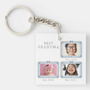 Best Grandma Est Custom Date 3 Photo Cute Preppy Key Ring