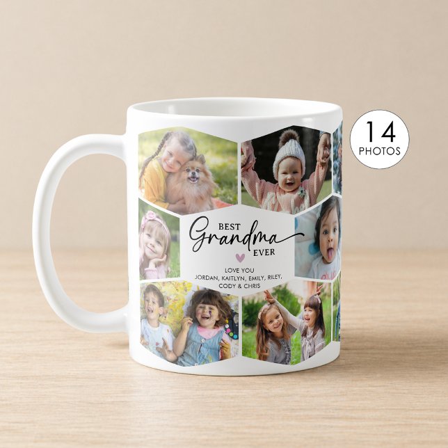Best Grandma Ever 14 Photo Collage Hexagon Pattern Coffee Mug (Creator Uploaded)