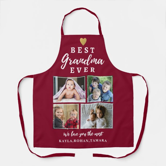 Best Grandma Ever 4 Photo Collage Gold Burgundy  Apron (Front)