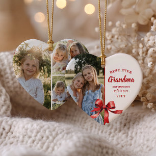 Best Grandma Ever 4 Photo Red Bow Heart Christmas Ceramic Tree Decoration