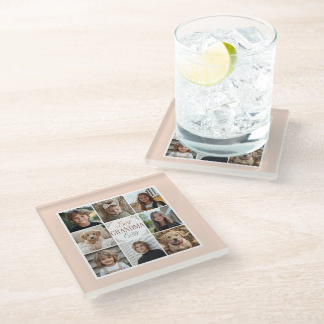 Best Grandma Ever 8 Photo Collage Glass Coaster (Angled)